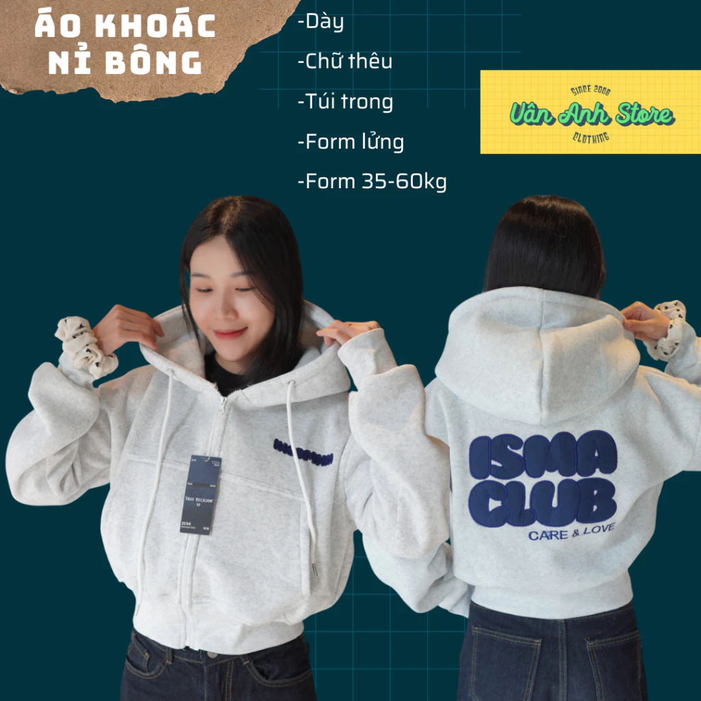 Áo khoác Nỉ Ngắn Lửng Thêu Đáp ISMA CLUB Vải Dày Dặn, áo khoác nữ có 6 màu form 35-60kg mặc đẹp có 1 túi trong hoodie