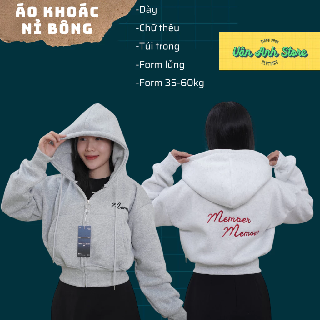 Áo Khoác Nỉ Bông Form Lửng Thêu Member Croptop Chống Nắng, áo khoác nữ form 35-60kg có túi trong