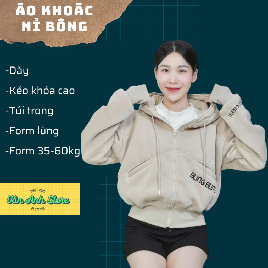 Áo Khoác Nỉ Form Lửng Ngắn Thêu Bling Bling Nỉ Dệt Dày, áo khoác nữ 35-60kg mặc đẹp dài áo 50cm tay dài nón to Women