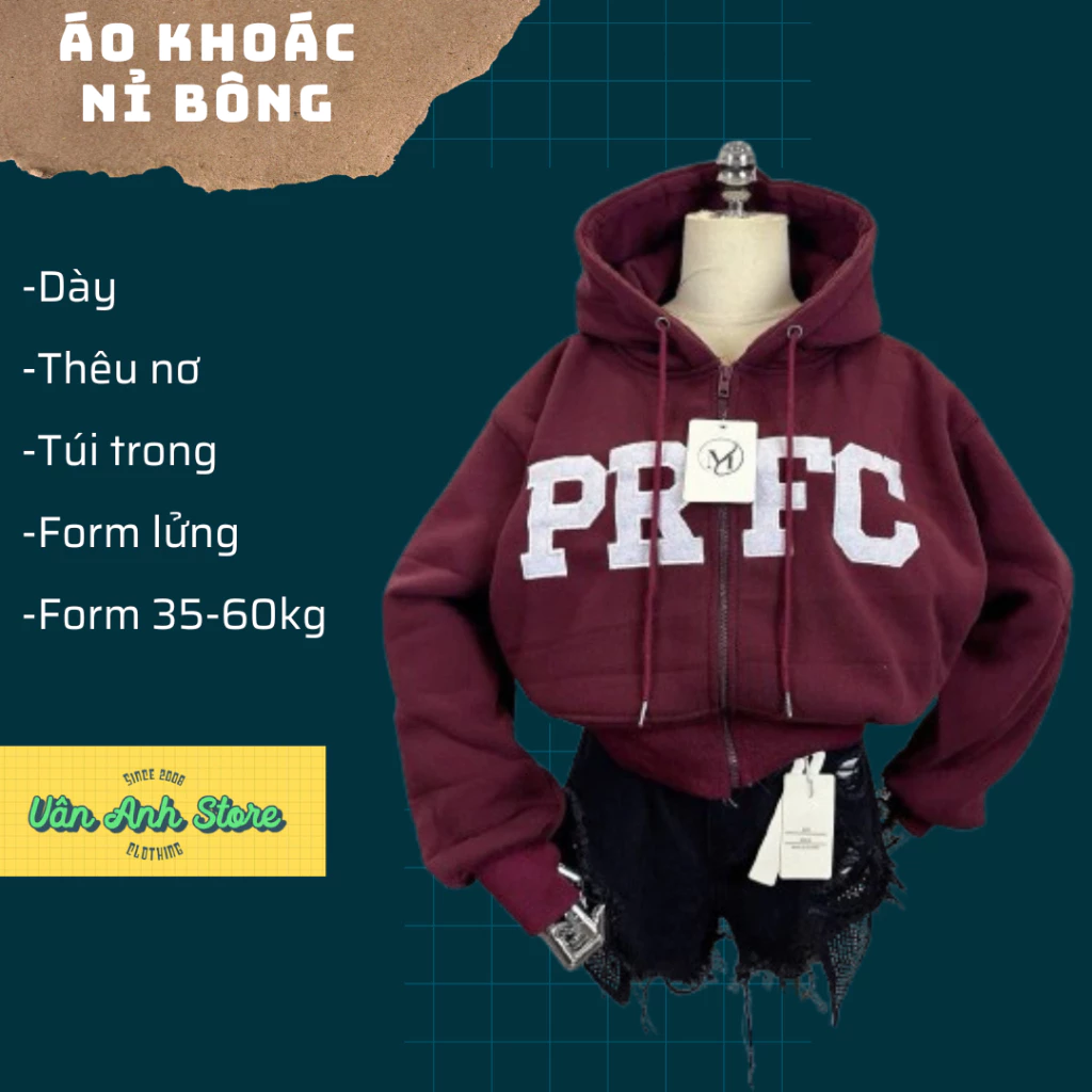 Áo Khoác nỉ Thêu PRFC Form Lửng Ngắn Croptop Nữ 35-60kg mặc đẹp, áo khoác nữ thêu 5 màu dài áo 48cm có túi trong
