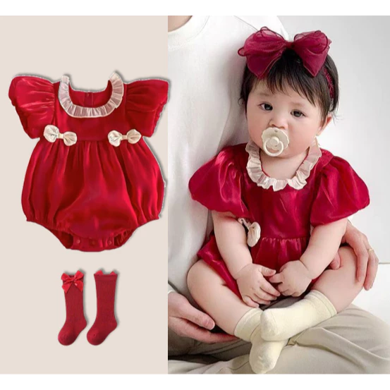 Bé sơ sinh cô gái mùa hè Jumpsuit tuyệt đẹp màu đỏ bong bóng tay áo onesie 0-24 M