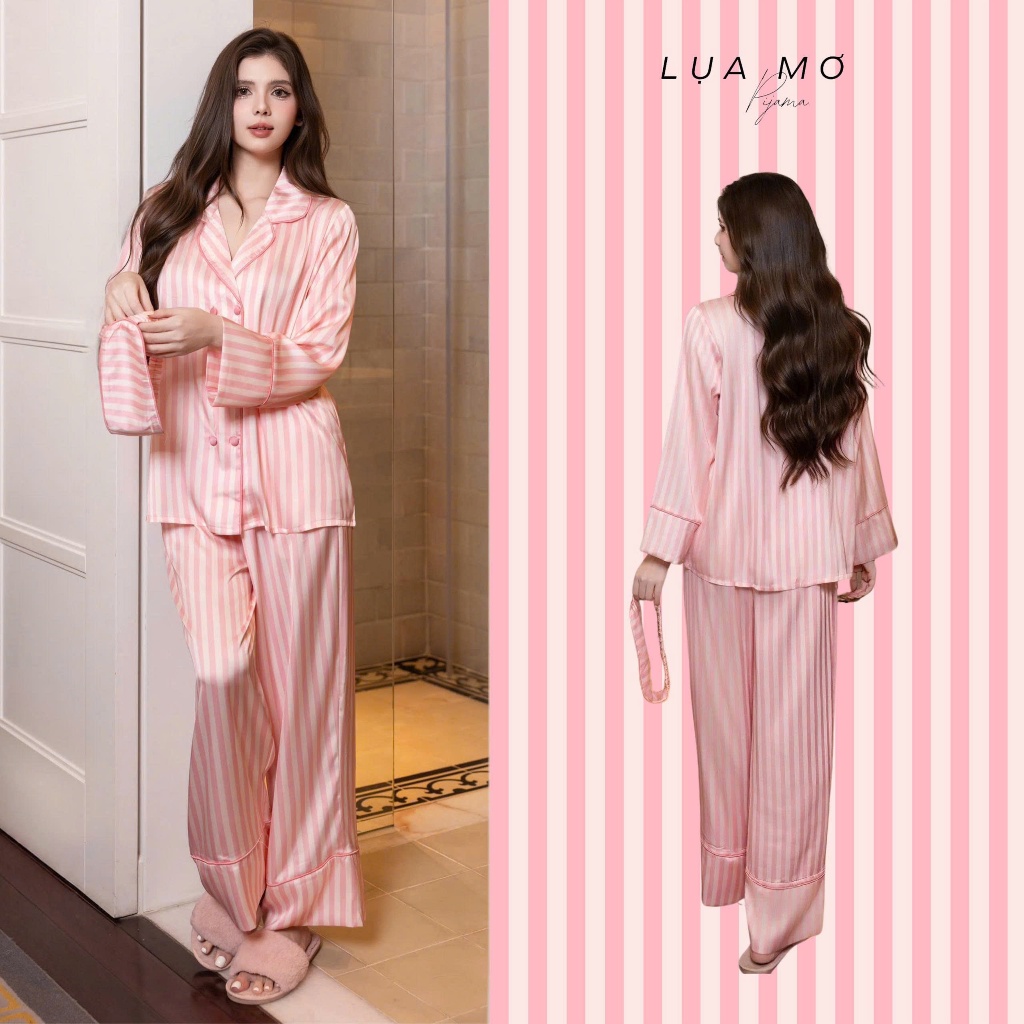 Pijama Tiểu Thư Form Vest Họa Tiết Sọc Hồng Tặng Bịt Mắt Vải Lụa Latin Cao Cấp…