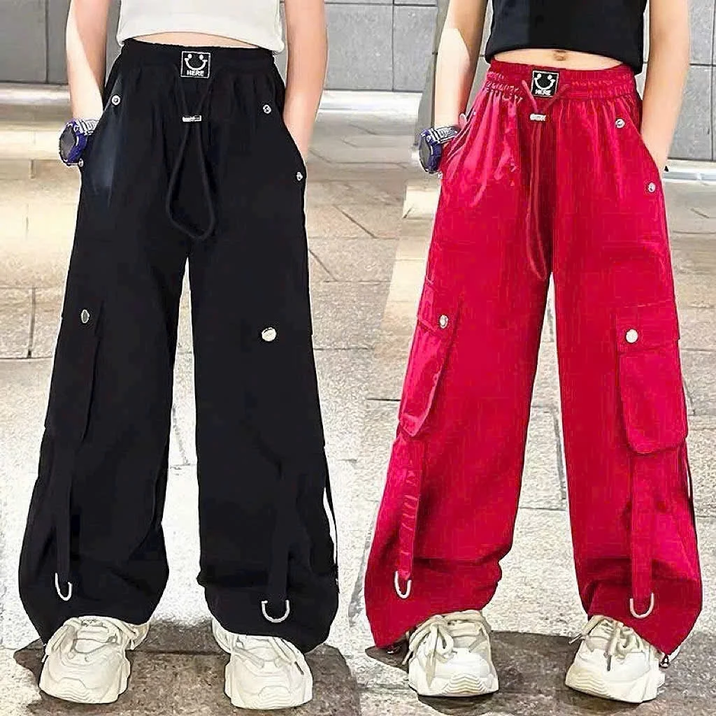 Quần Dù Túi Hộp Ống Rộng Nam Nữ Có Khoen Kiểu Suông Lưng Thun Có Dây Rút Lai Màu Đen , Đỏ ,Trắng