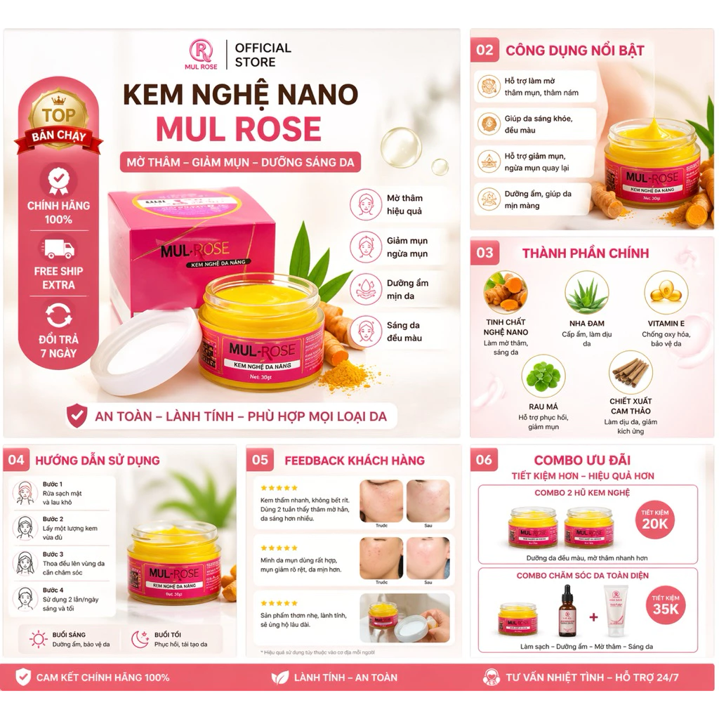 Kem Nghệ Nano Mul Rose Chính Hãng Hồng Tâm Chăm Sóc Da Mụn Thâm 30g