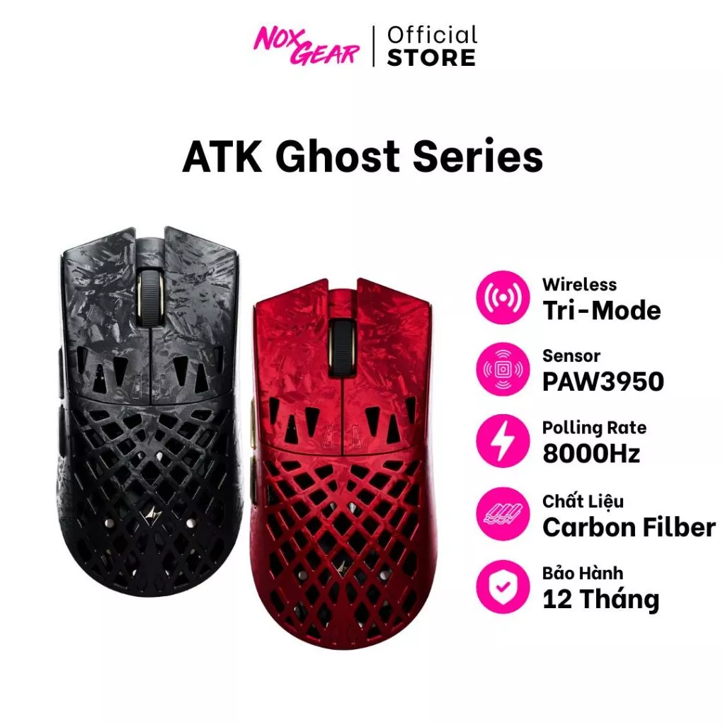 Chuột Gaming ATK GHOST Ultimate | Ghost Extreme Carbon Fiber Siêu Nhẹ - Chính Hãng Bảo Hành 1 Năm