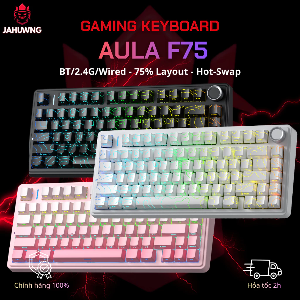 [Chính Hãng] Bàn Phím Cơ Không Dây AULA F75 -3 Mode Kết Nối- Led RGB- Núm Xoay Điều Chỉnh Âm Lượng