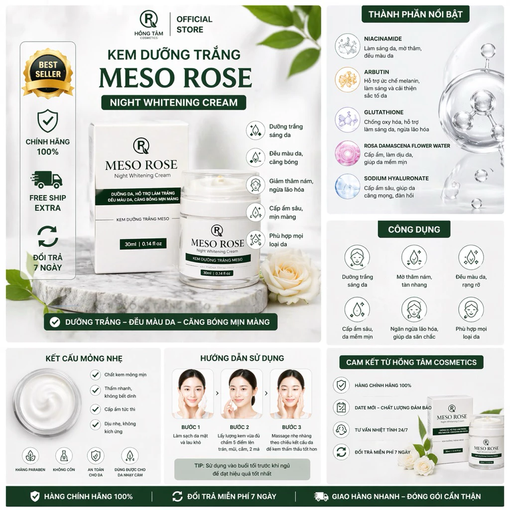 Kem Dưỡng Đêm Meso Rose Mul Rose Chính Hãng Cấp Ẩm Sáng Mịn Da 30g