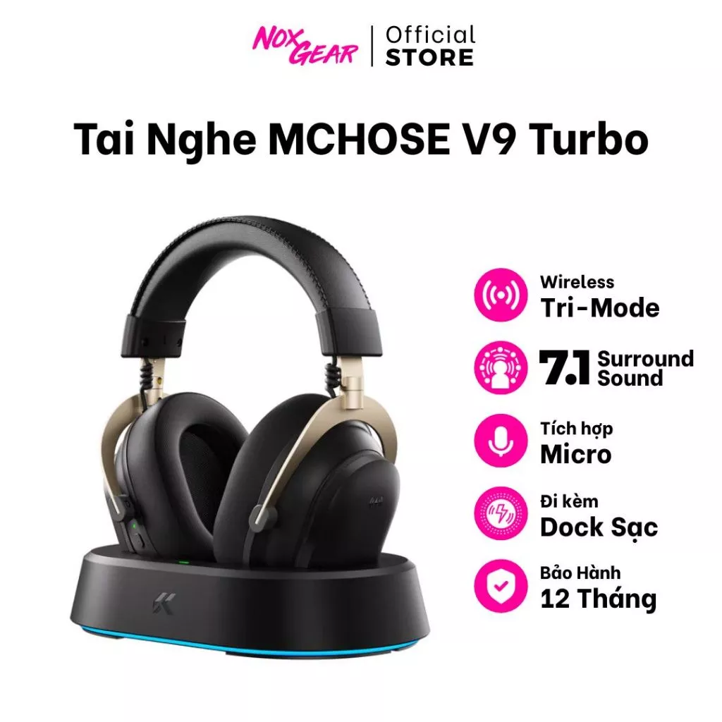 Tai Nghe Không Dây Gaming MCHOSE V9 Turbo Sạc Không Dây Từ - Âm Vòm 7.1 Mic Khử Nhiễu