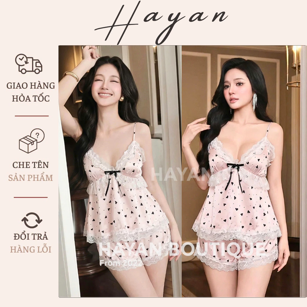 BN4 Bộ ngủ sexy 2s hoạ tiết tim xinh kèm ĐỆM LÓT set đồ ngủ lụa hách dáng quyến rũ BN4 MÚT