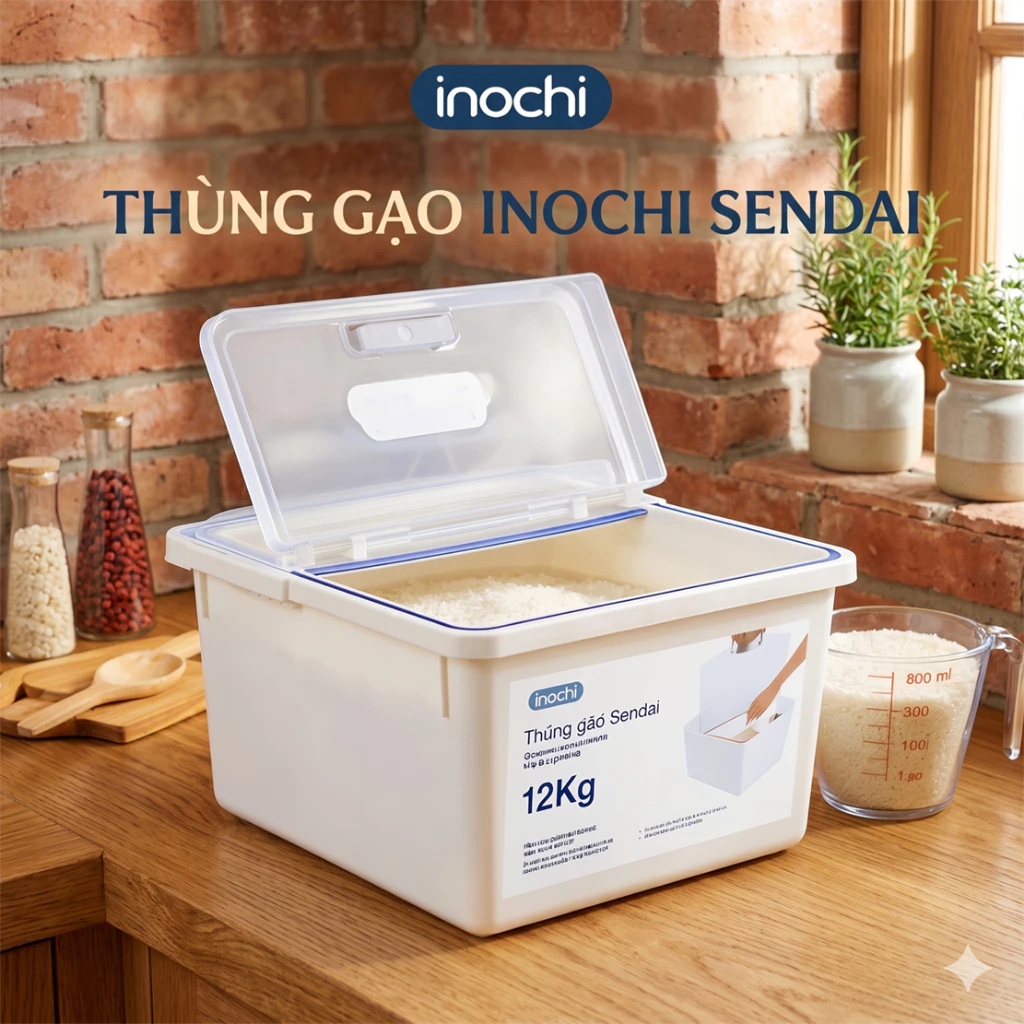 Thùng gạo cao cấp INOCHI 12Kg (tiêu chuẩn Nhật Bản) - Kèm cốc đong, Chống ẩm, giữ độ ngon của gạo