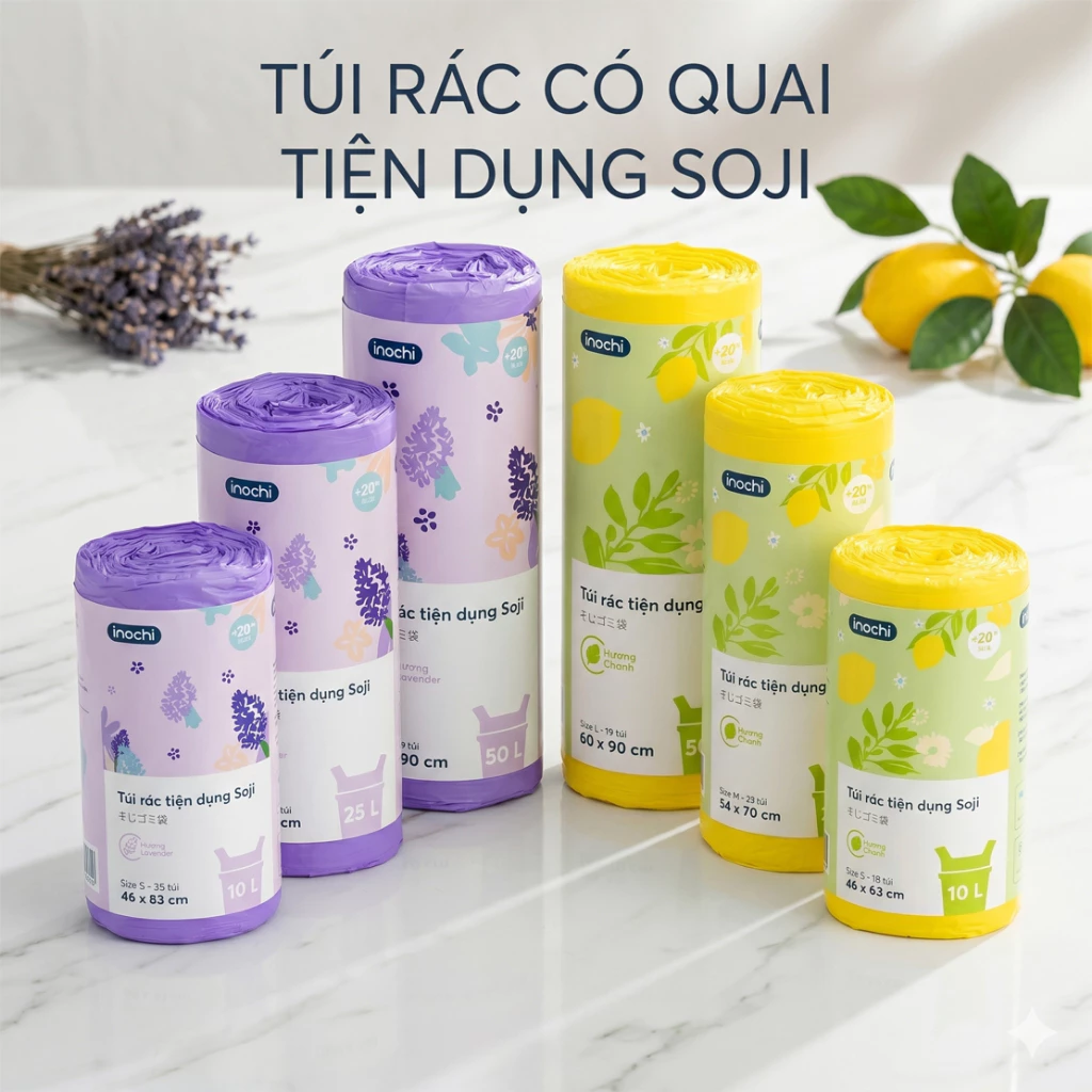 Túi Đựng Rác, Túi Rác Hương Chanh, Hương Lavender Tự Huỷ Có Quai Tiện Dụng, Cuộn 10L 25L 50L