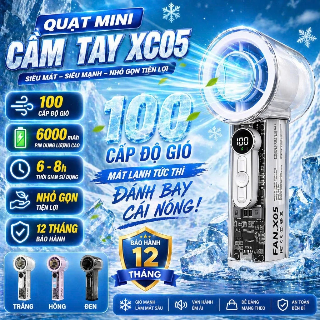 Quạt Cầm Tay Mini XC05 - Quạt Tích Điện Cầm Tay Có 100 Cấp Độ Gió, Làm Mát Cực Nhanh, Hoạt Động Mạnh Mẽ, Bền Bỉ