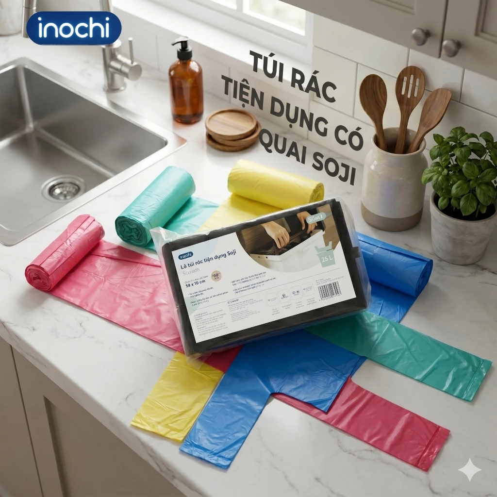 Lô 4 cuộn túi rác Inochi tiện dụng 50L, Túi rác tự hủy có quai dễ dàng và tiện lợi khi sử dụng