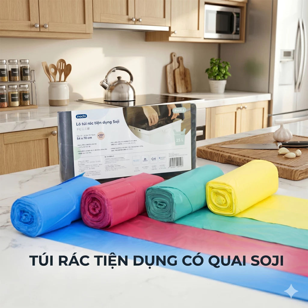 Lô 4 cuộn túi rác Inochi tiện dụng 50L, Túi rác tự hủy có quai dễ dàng và tiện lợi khi sử dụng