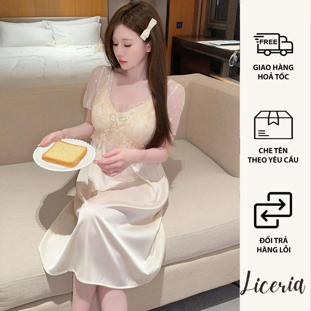 Bộ Đồ Ngủ Tiểu Thư LICERIA Chất Lụa Pha Ren Đính Hoa Có Đệm Ngực Dáng Tiểu Thư Siêu Dễ Thương.