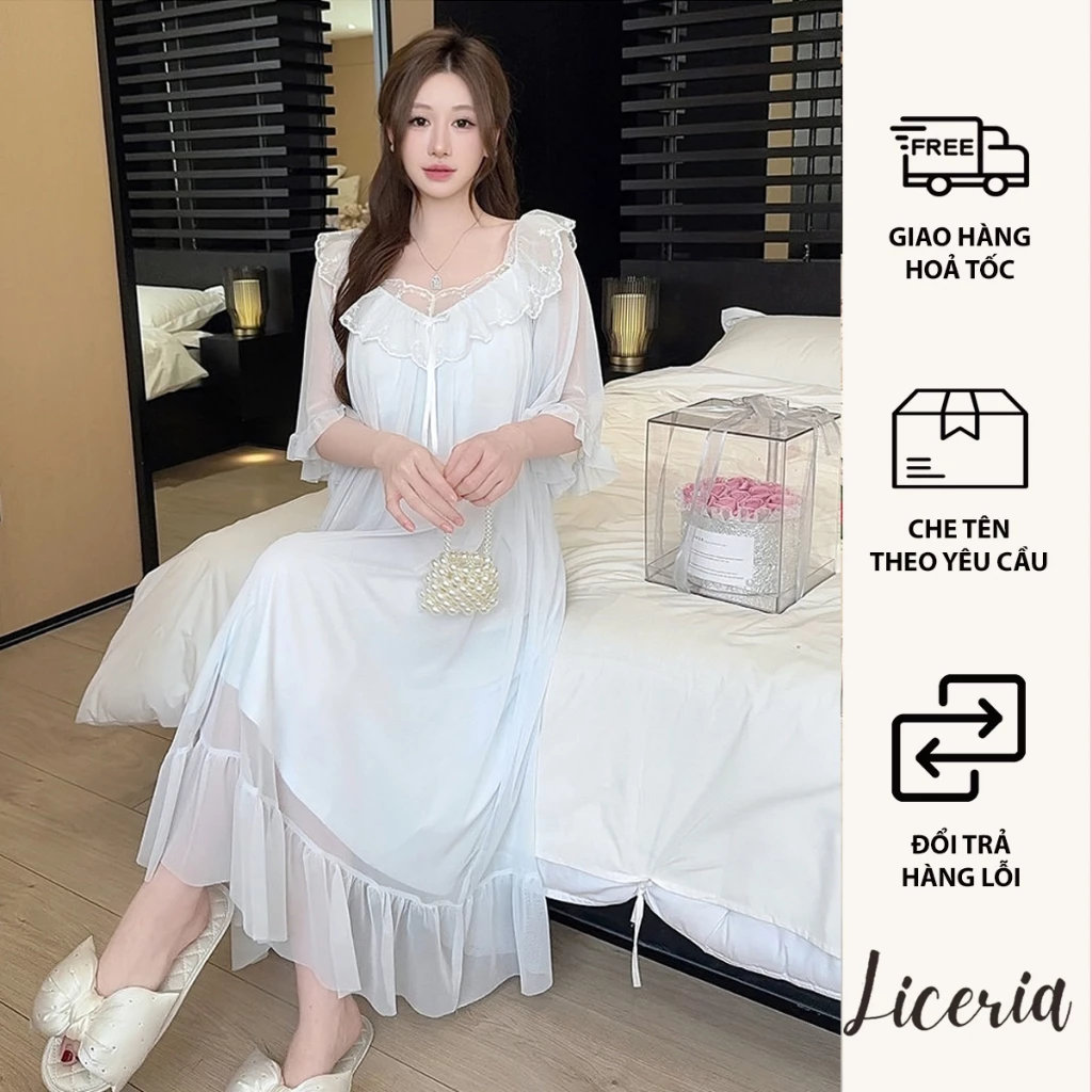 Đầm Ngủ Cánh Tiên LICERIA 6308 Chất Voan Lụa  Đính Hoa Dây Phong Cách Công Chúa Hoàng Cung.