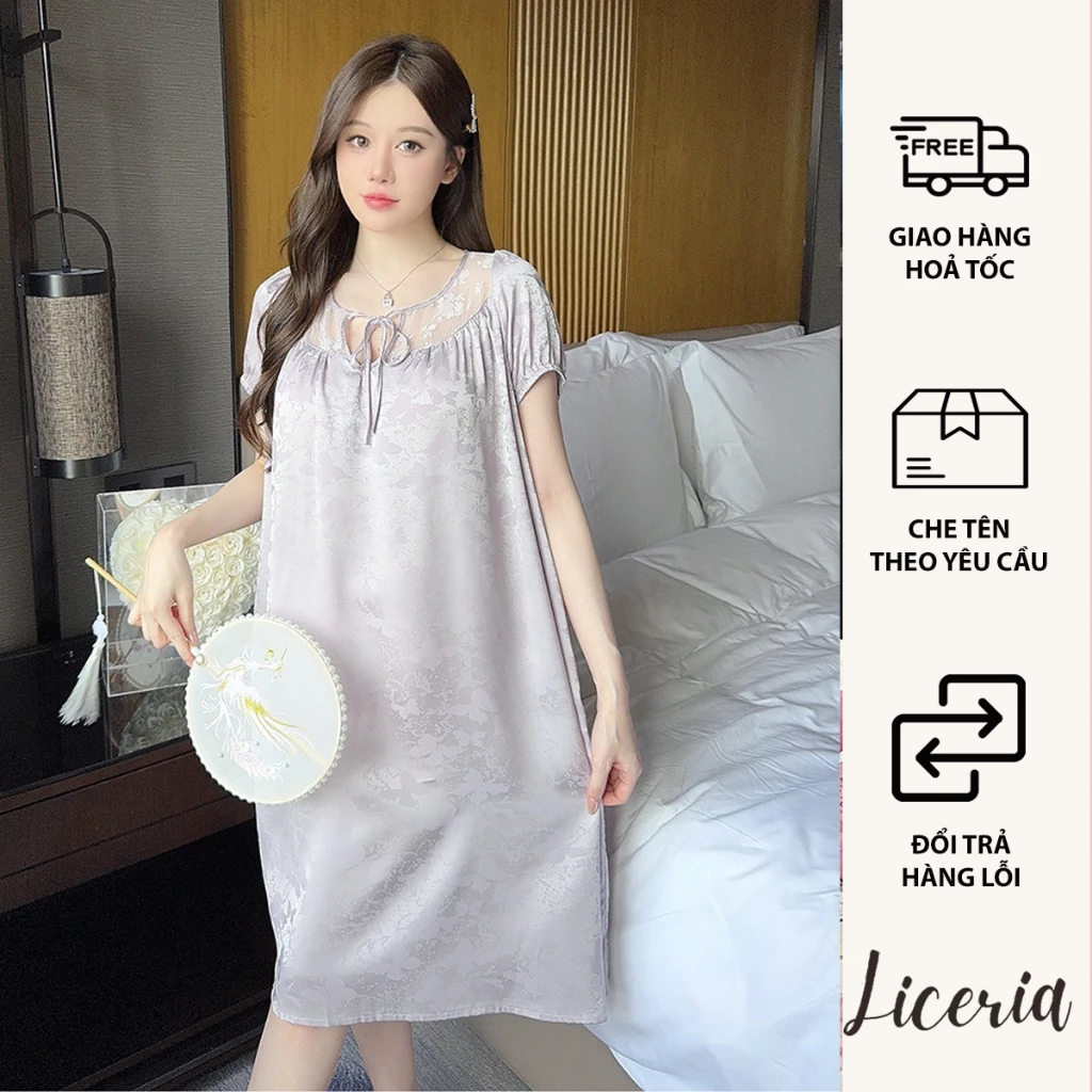 Đầm Ngủ Cao Cấp Tiểu Thư LICERIA 8788 Chất Lụa Hoạ Tiết Loang  Mặc Mềm Mát Và Thời Trang