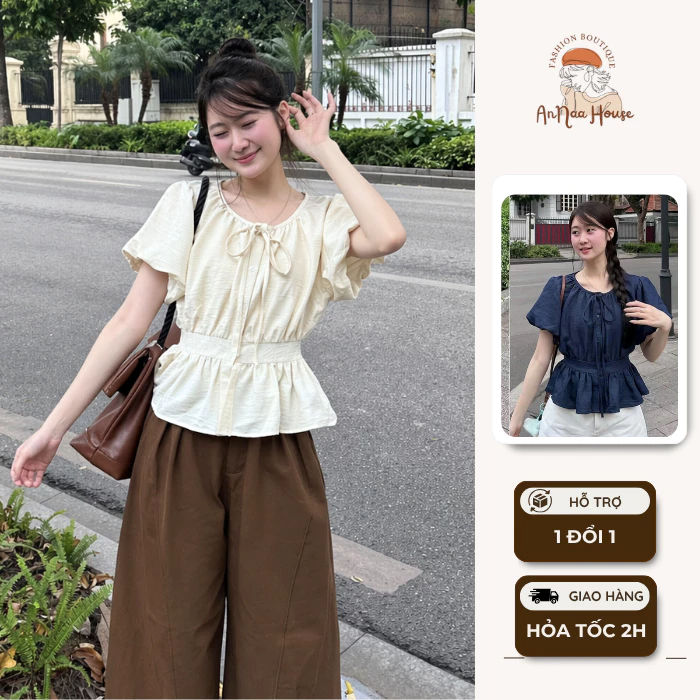 Áo sơ mi đũi cộc tay cổ tròn tay bồng bo eo che khuyết điểm dễ phối đồ phong cách bánh bèo tiểu thư