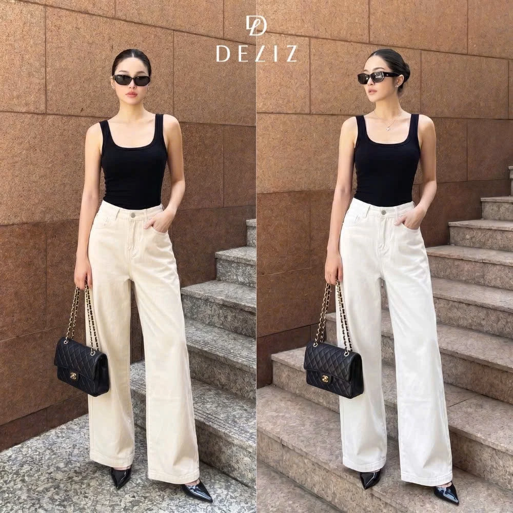 DELIZ - Quần jean nữ ống rộng cạp cao màu trắng trơn dáng suông chất bò cao cấp dày dặn J411 (đã cắt sẵn khuy)