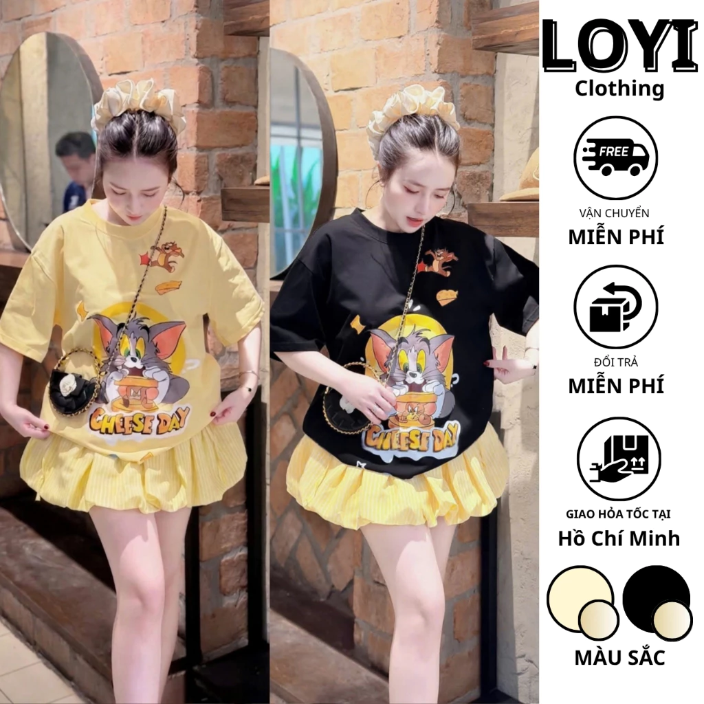 [Hỏa Tốc] Set Đồ Nữ Áo Thun Hoạt Hình Form Rộng + Quần Bí Xếp Ly - Set Bộ Đồ Nữ Dễ Thương
