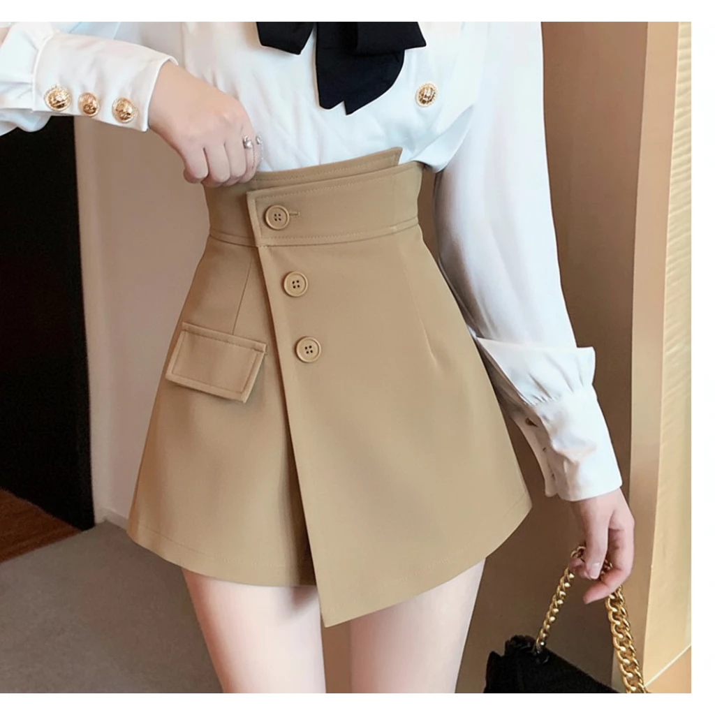 Quần Short Nữ Cạp Cao Ống Rộng- Chân Váy Khuy Lệch Quảng Châu Đẹp