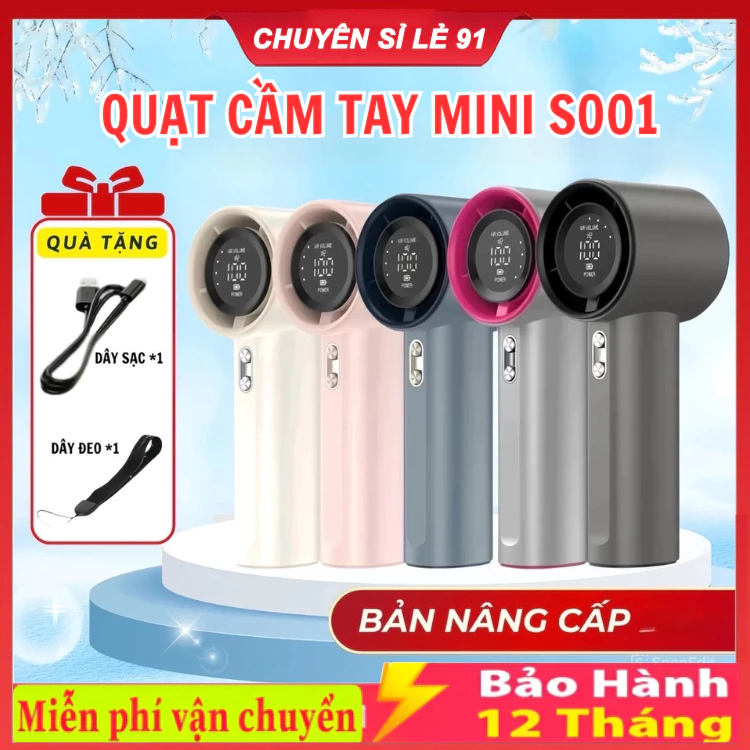 Quạt cầm tay mini S001 tích điện gió mạnh 16000 vòng/phút có dây đeo pin 4000mAh, Màn Hình LED Hiển Thị