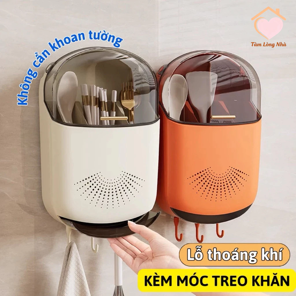 Hộp đựng đũa muỗng treo tường thoáng khí ngăn ẩm mốc, ống đựng đũa có nắp đậy chống côn trùng tích hợp móc treo