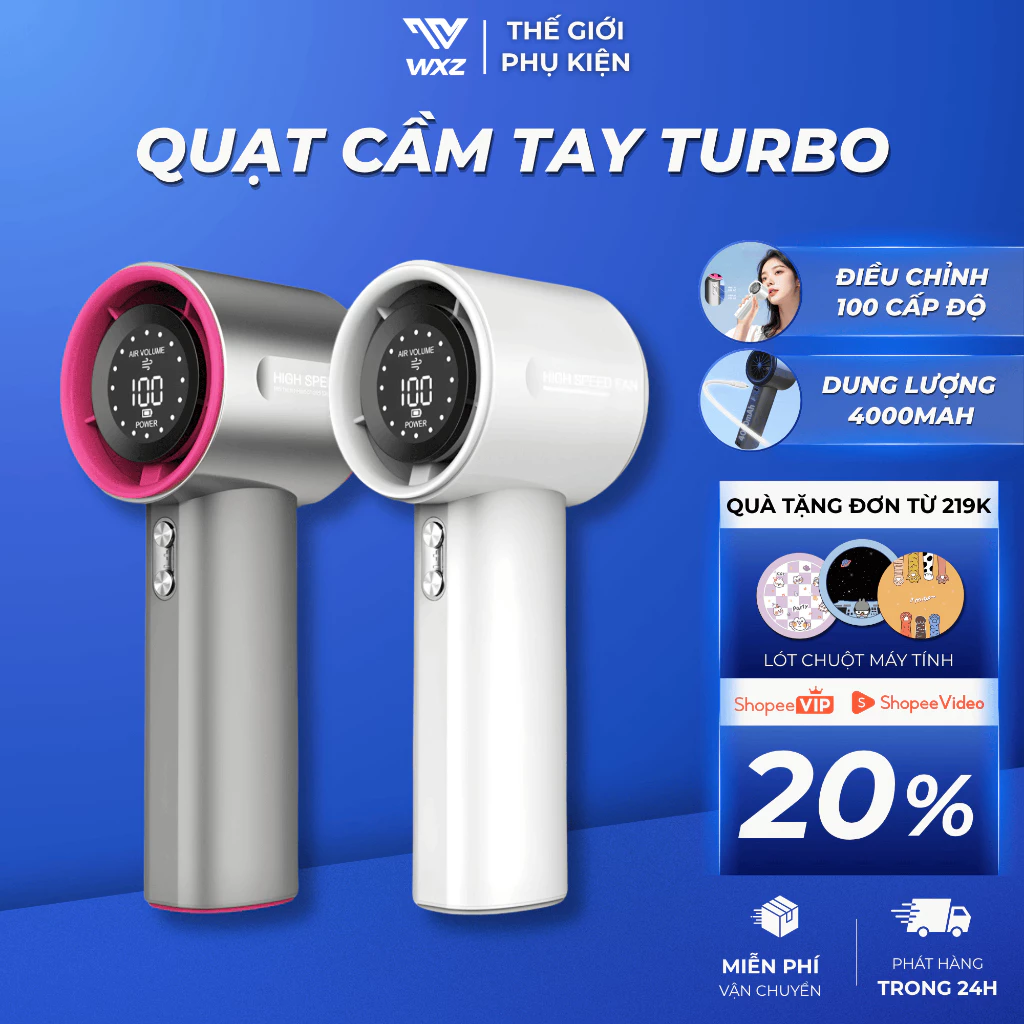 Quạt Cầm Tay Mini 100 Cấp Gió Màn Hình LED Pin 4000mAh Sạc Type-C Gió Mạnh Cầm Tay Du Lịch, Dã Ngoại