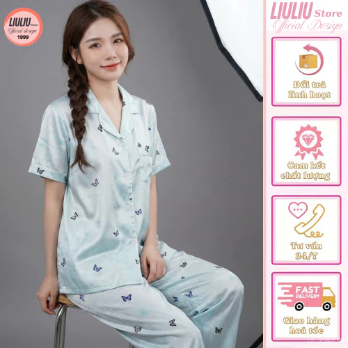 Bộ đồ ngủ lụa cao cấp mùa hè cho nữ phong cách ngọt ngào in hình bướm áo cộc quần dài dễ thương
