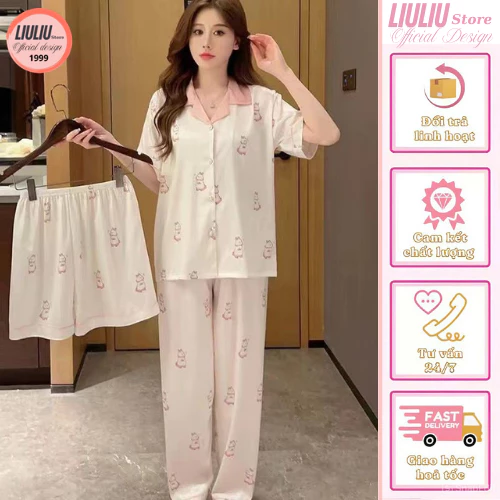 Bộ pyjama cộc tay họa tiết dễ thương hàng Quảng Châu, Bộ đồ ngủ nữ lụa xước cao cấp BN027