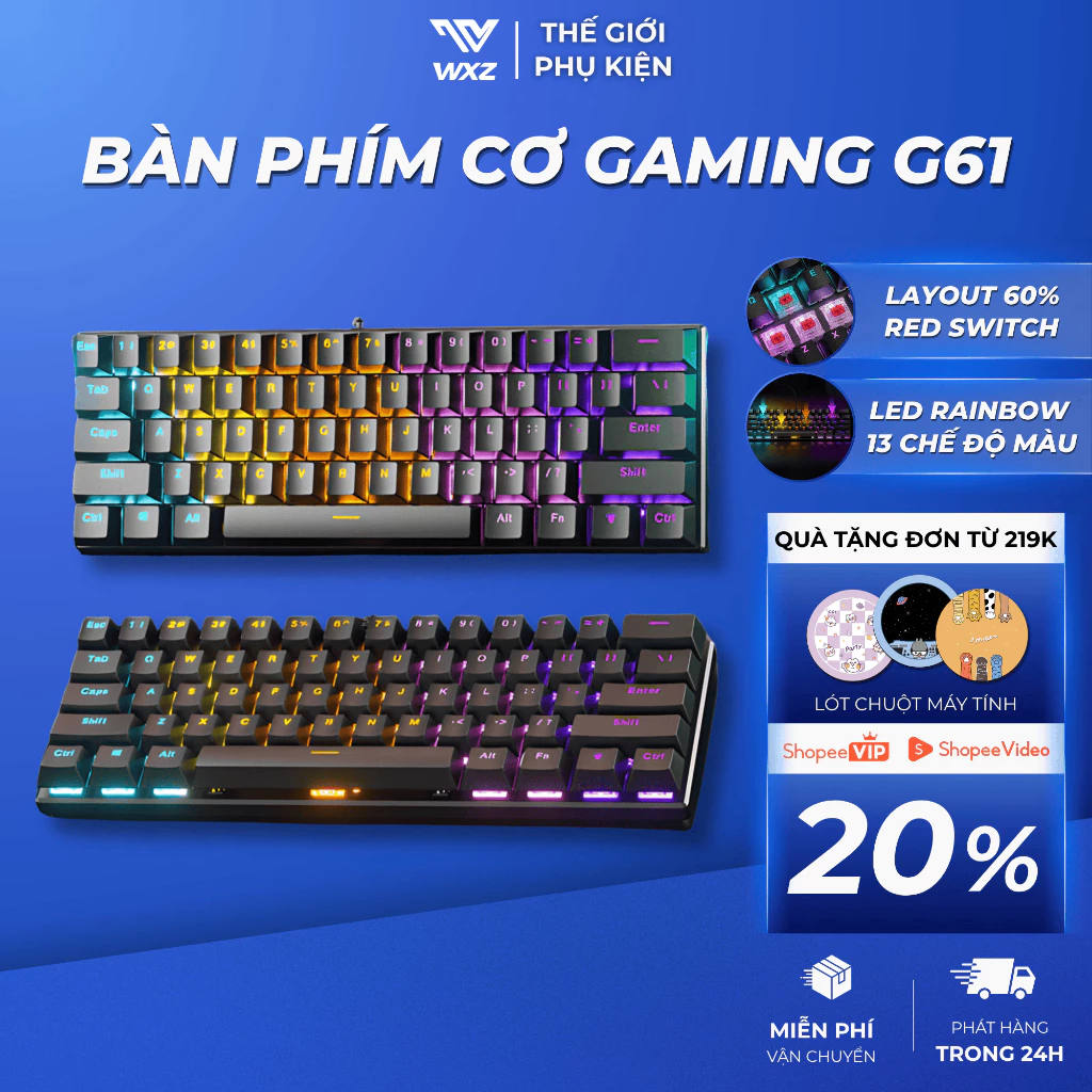 Bàn Phím Cơ G61 1 Mode Có Dây Type-C, 61 Phím Red Switch, LED RGB Nhiều Chế Độ Màu Xuyên Led Gõ Êm