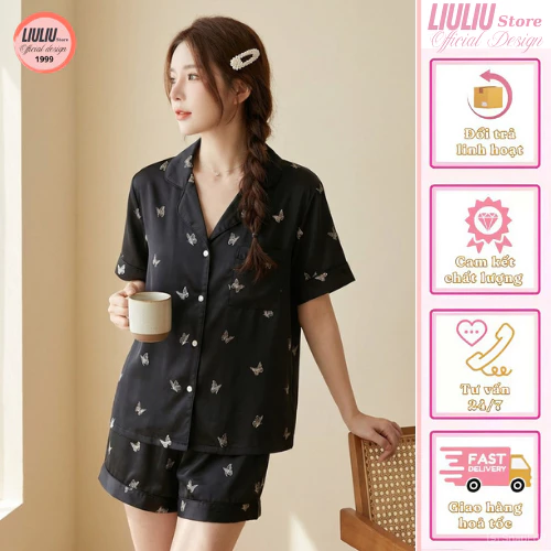 Bộ đồ ngủ nữ lụa xước cao cấp, bộ pyjama cộc tay họa tiết dễ thương  BN027