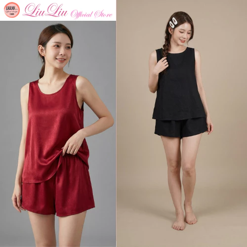 Đồ Bộ Nữ Chất Lụa Xước Ánh Kim Cao Cấp Quần Đùi Áo Sát Nách Trơn Nhẹ Nhàng Nữ Tính CACHINO b14
