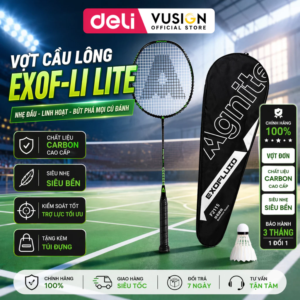 Vợt cầu lông đơn carbon Deli Agnite chính hãng khung carbon siêu bền, nhẹ, đẹp đã căng sẵn