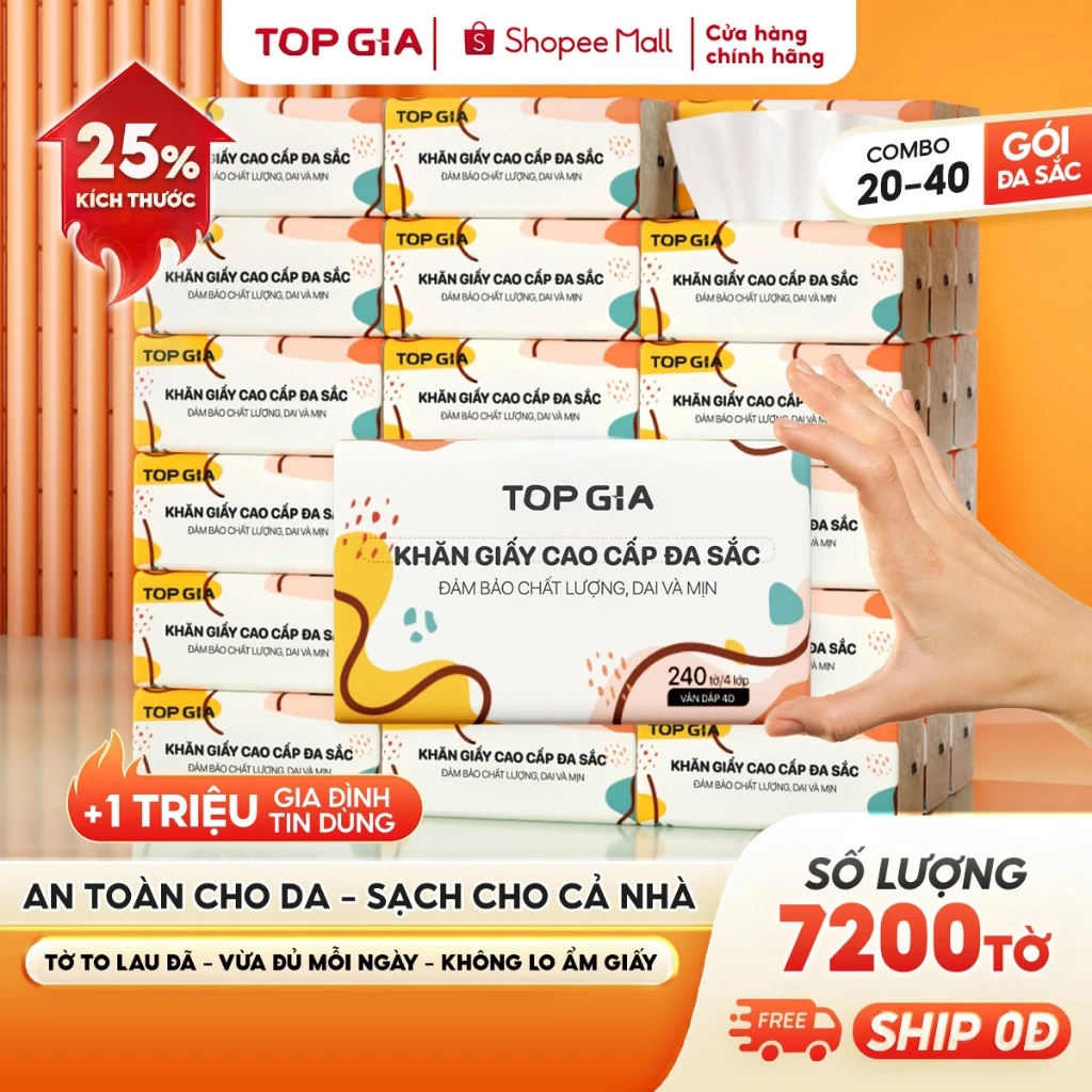 [SIÊU TIẾT KIỆM] Giấy ăn rút Topgia đa sắc cao cấp 240 tờ 4 lớp, dập vân 4D, mềm mịn, thấm hút tốt