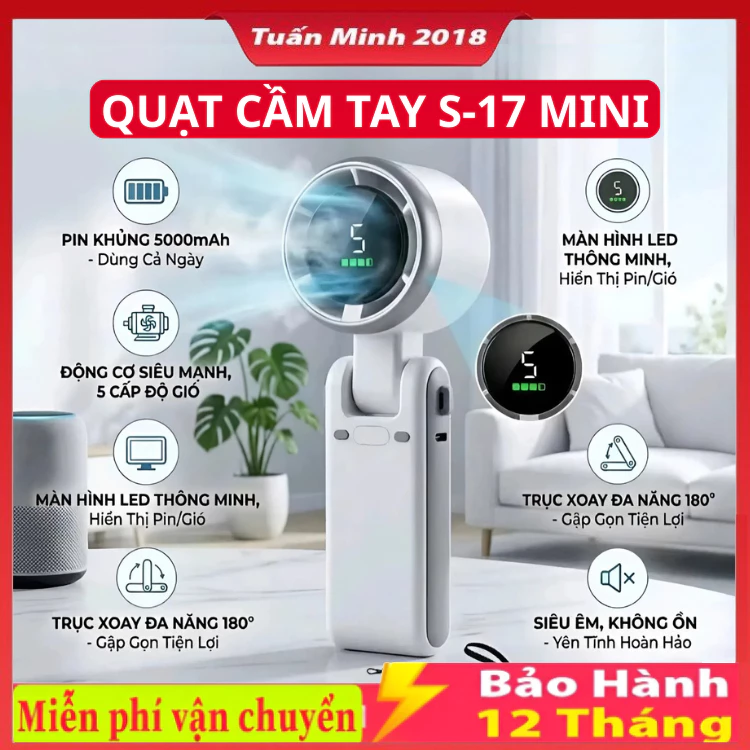 Quạt Cầm Tay Mini S-17 Tốc Độ Cao , Gấp Xoay 180 Độ , Điều Chỉnh 5 Tốc Độ , Màn Hình Kỹ Thuật Số , Quạt Turbo Tăng Áp