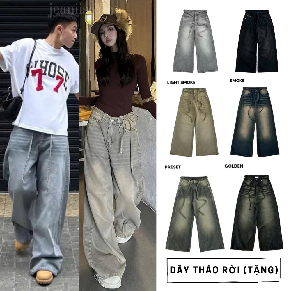 PRESET WASH LOOSE PLEAT PANTS - Quần dài dây thựng màu vàng nâu 1239, quần jeans ống rộng WIDE STRAIGHT JEANS WHOSE