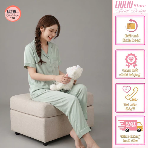 Bộ pijama nữ, bộ đồ ngủ dài tay chất liệu vải lụa ngọc trai cao cấp, mềm mại N20