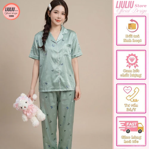 Bộ đồ ngủ lụa băng in hình bướm kiểu Pháp ngọt ngào của Phụ nữ mùa hè mặc nhà, đi chơi