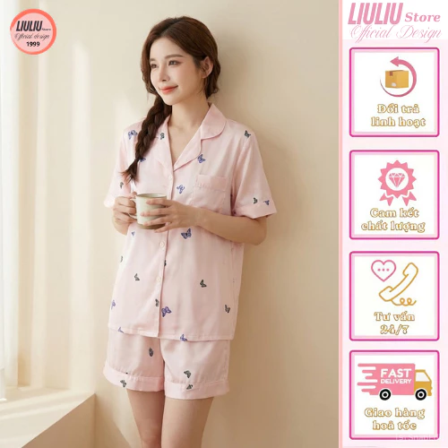 💖 Set Đồ Ngủ Lụa Xước | Pyjama Quần Dài Áo Ngắn Tay Trẻ Trung