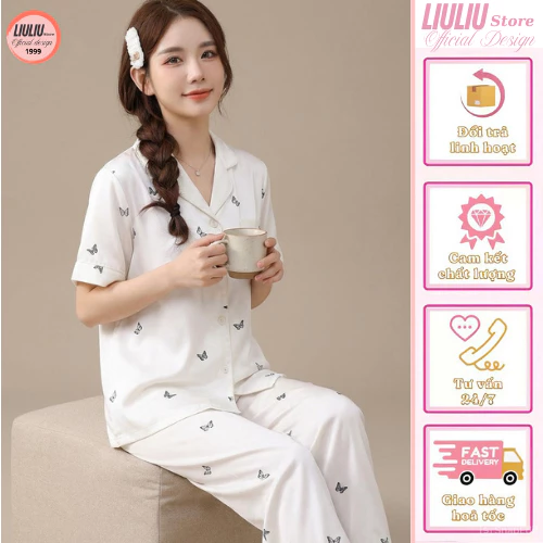 Bộ pyjama cộc dài cao cấp , họa tiết dễ thương lụa xước cao cấp