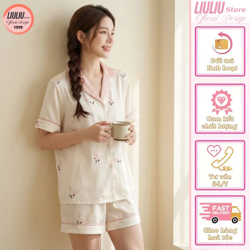 Bộ Pyjama cộc tay hoạt tiết dễ thương, bộ đồ ngủ lụa xước cao cấp BN027, Bn04