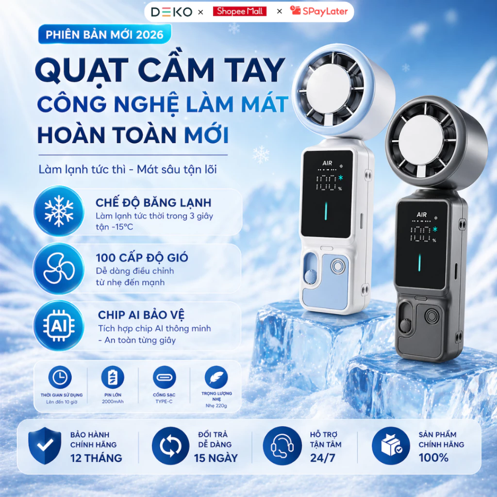 Quạt Cầm Tay Mini Màn LED 3000mAh Sạc Nhanh quạt tích điện mini 100 tốc độ gió Siêu Cấp