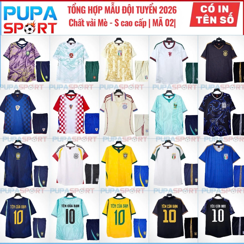 PUPA SPORT Top Mẫu Đồ Bóng Đá, Quần Áo Bóng Đá Mới Nhất 2026, Vải Mè/Thun Lạnh Cho Nam Nữ, Có In Tên Số.
