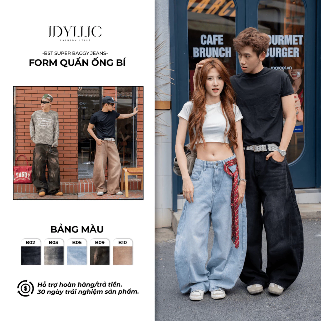 Quần Jean Ống Bí Nam Nữ Che Khuyết Điểm – Denim Đứng Form Wash Vintage Form Quần Rộng – IDYLLIC