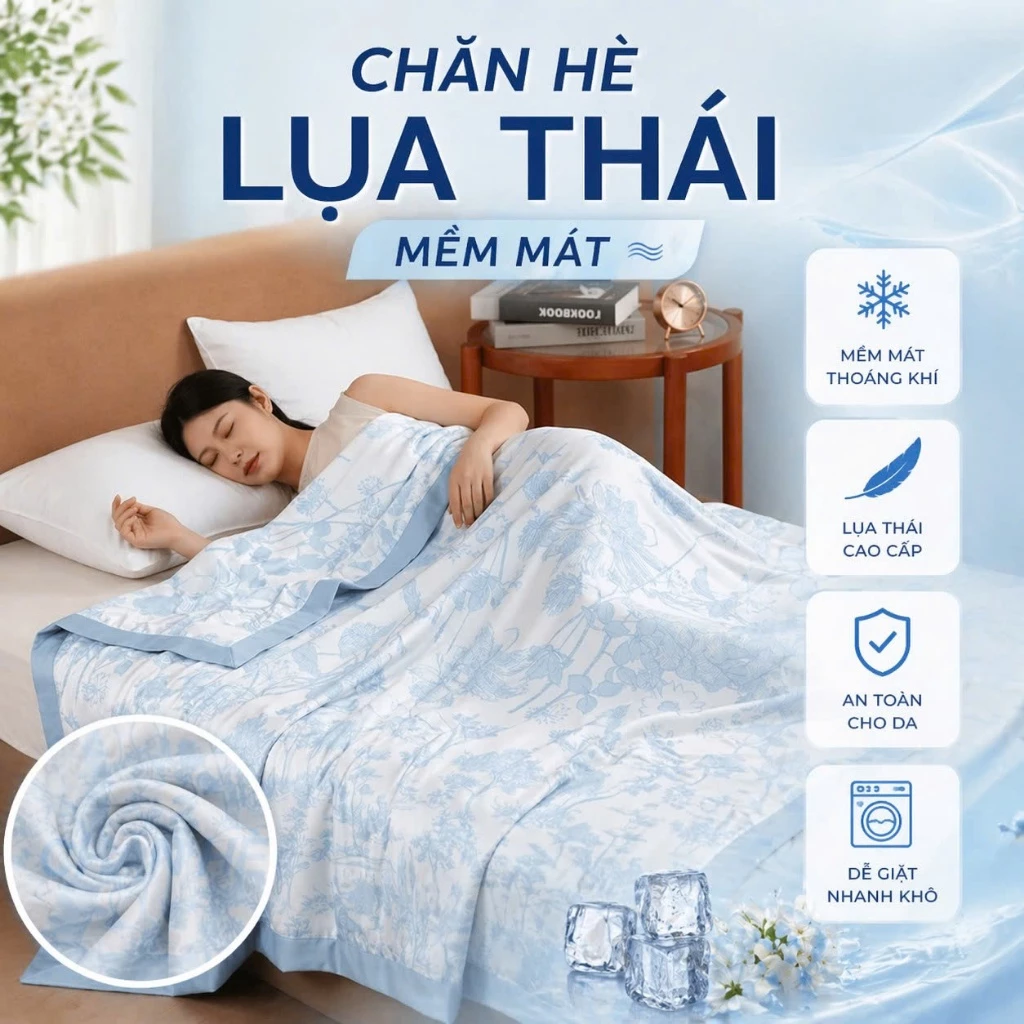 Chăn Hè Lụa Thái Tự Nhiên Mềm Mịn Thoáng Mát, Chăn Chần Bông Hè Mỏng KT 2M3X2M Màu Sắc Sang Trọng Nhe Nhàng