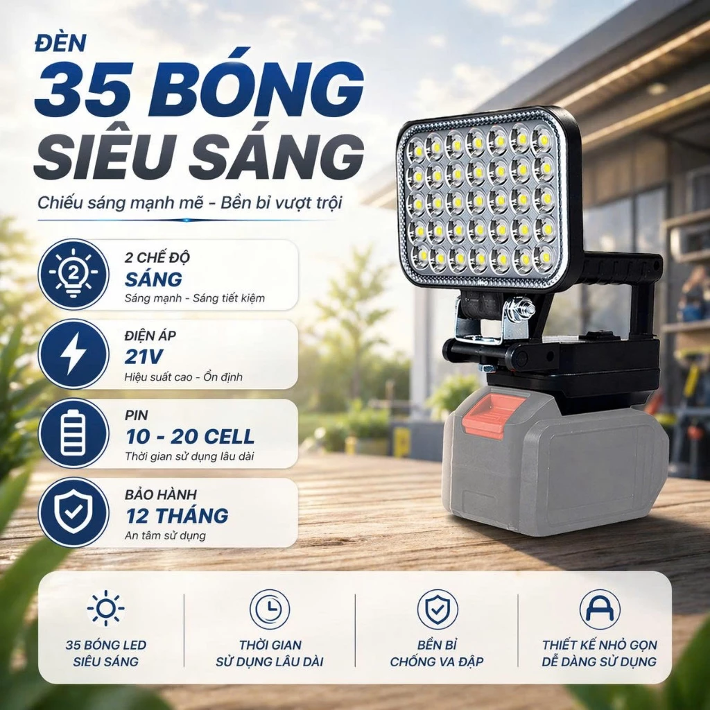 Đèn led siêu sáng 35/55 mắt sử dụng chân pin phổ thông MAKITA có 2 chế độ sáng, có 2 cổng sạc USB, tay cầm tiện lợi