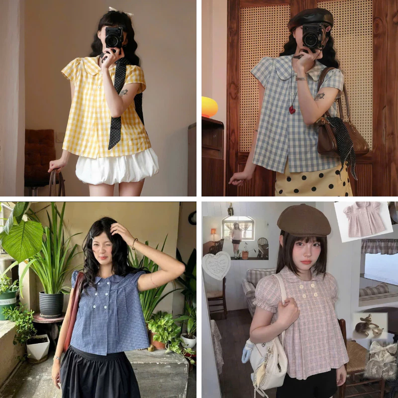 Áo kẻ caro babydoll cổ sen 4 cúc tay phồng dáng suông, Áo kiểu cổ sen kẻ vàng, kẻ xanh