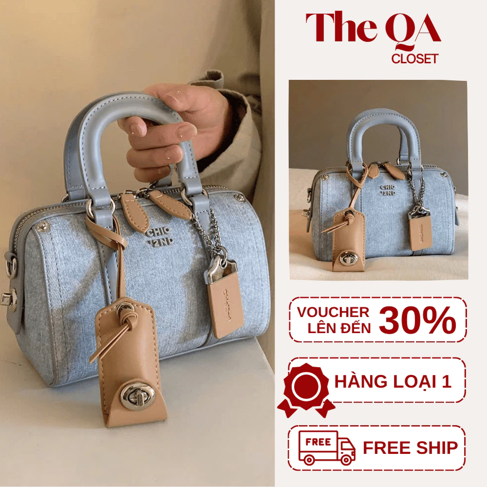 [VOUCHER GIẢM 25K] Túi Chio mini form trống 18cm chất jean mềm phối da kèm tag charm thời trang