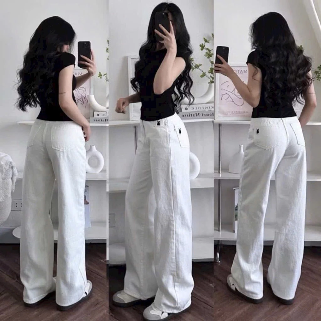 Quần jeans trắng thêu thỏ gấu to dáng suông lưng cao chất vải bò mềm mịn